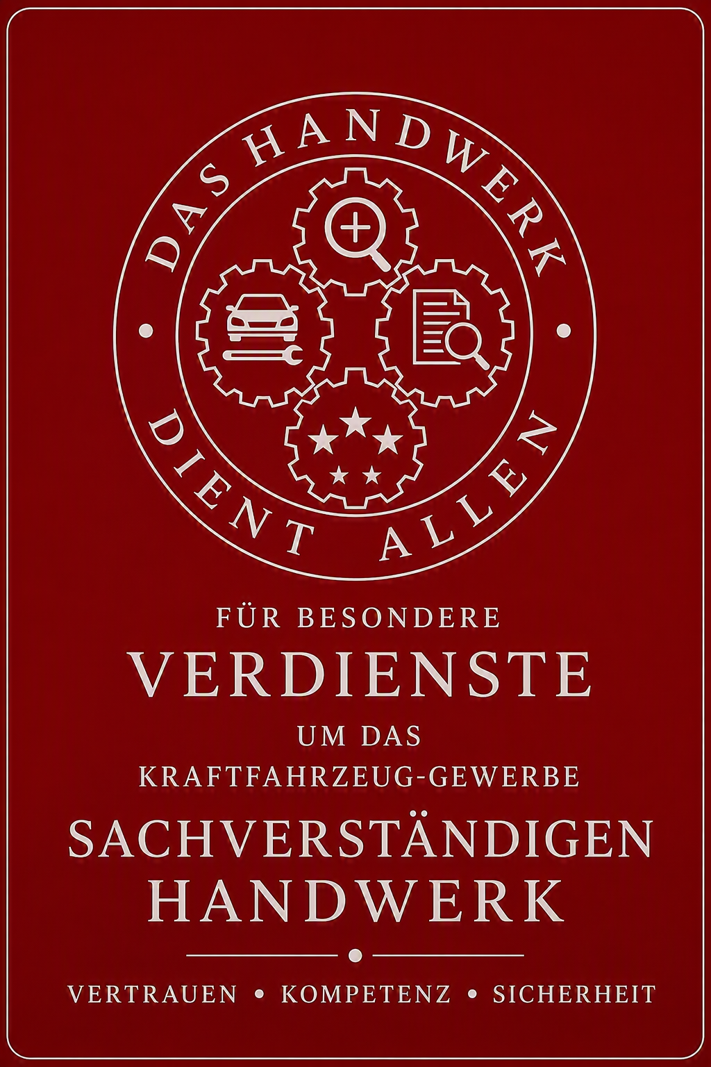 Emblem „Das Handwerk dient allen“ – für besondere Verdienste um das Kraftfahrzeug-Gewerbe, Sachverständigen-Handwerk. Vertrauen · Kompetenz · Sicherheit
